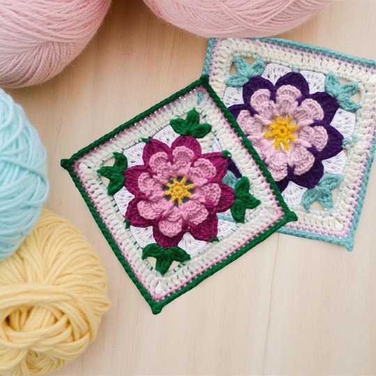 Frangipani Floral Granny Square Crochet Pattern, Colorful Mandala