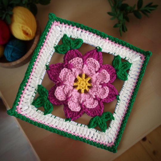 Frangipani Floral Granny Square Crochet Pattern, Colorful Mandala