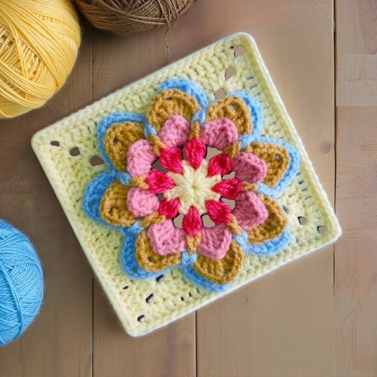 Lotus Mandala Granny Square Pattern – 3D Flower Crochet