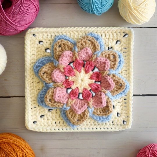 Lotus Mandala Granny Square Pattern – 3D Flower Crochet