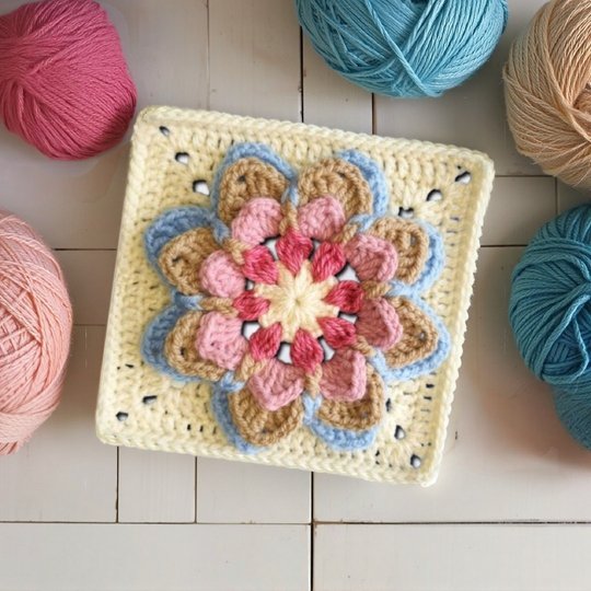 Lotus Mandala Granny Square Pattern – 3D Flower Crochet