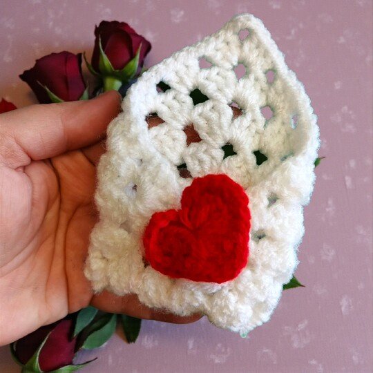 Valentines Plush Pocket Hug, Granny Square Envelope + 3 Heart Sizes