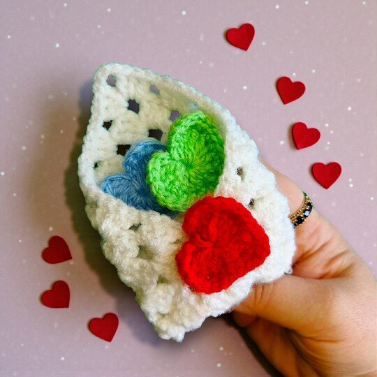 Valentines Plush Pocket Hug, Granny Square Envelope + 3 Heart Sizes