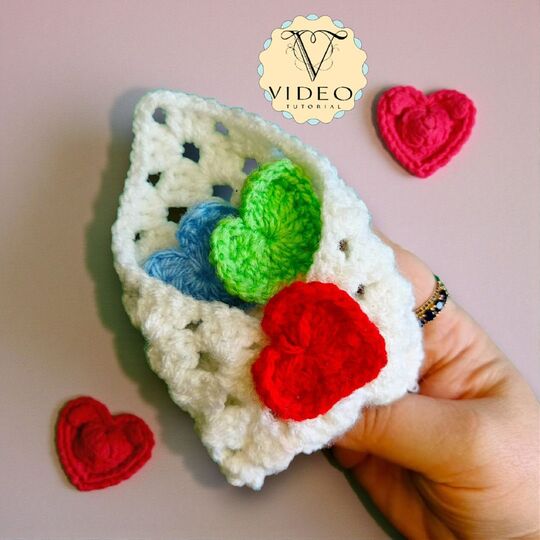 Valentines Plush Pocket Hug, Granny Square Envelope + 3 Heart Sizes