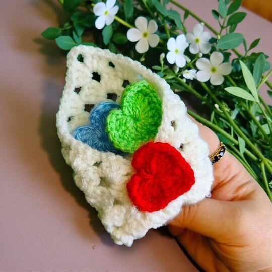 Valentines Plush Pocket Hug, Granny Square Envelope + 3 Heart Sizes