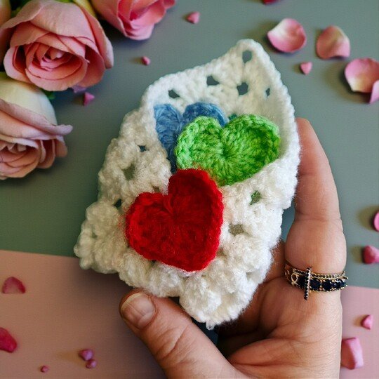 Valentines Plush Pocket Hug, Granny Square Envelope + 3 Heart Sizes