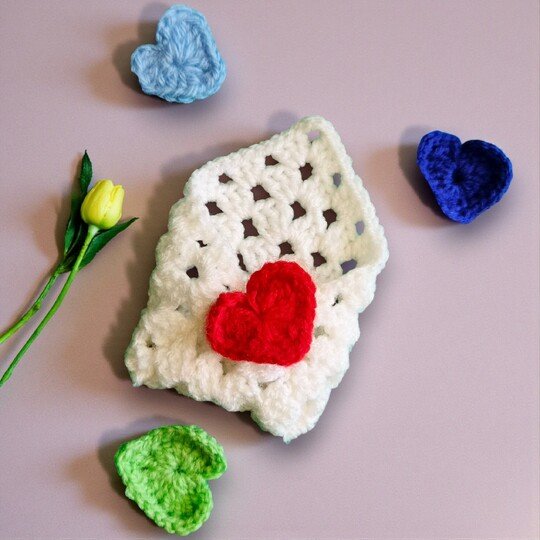 Valentines Plush Pocket Hug, Granny Square Envelope + 3 Heart Sizes