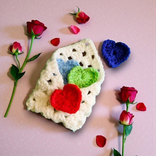 Valentines Plush Pocket Hug, Granny Square Envelope + 3 Heart Sizes