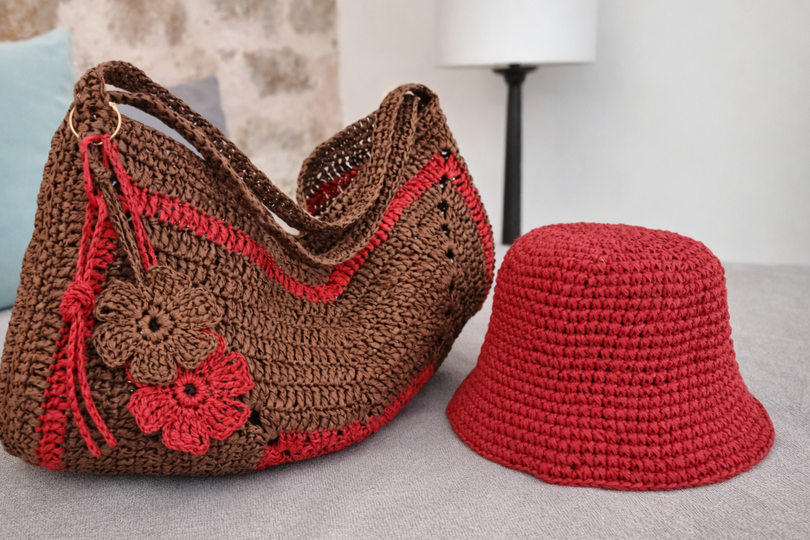 Set aus 3 Häkelanleitungen aus Raffia: Sommertasche, Hut, Taschenanhänger
