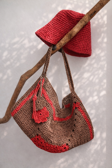 Set of 3 crochet patterns from raffia: summer bag, hat, keychain/bag edging