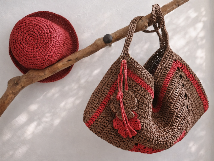 Set of 3 crochet patterns from raffia: summer bag, hat, keychain/bag edging