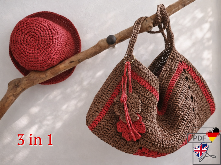 Set of 3 crochet patterns from raffia: summer bag, hat, keychain/bag edging