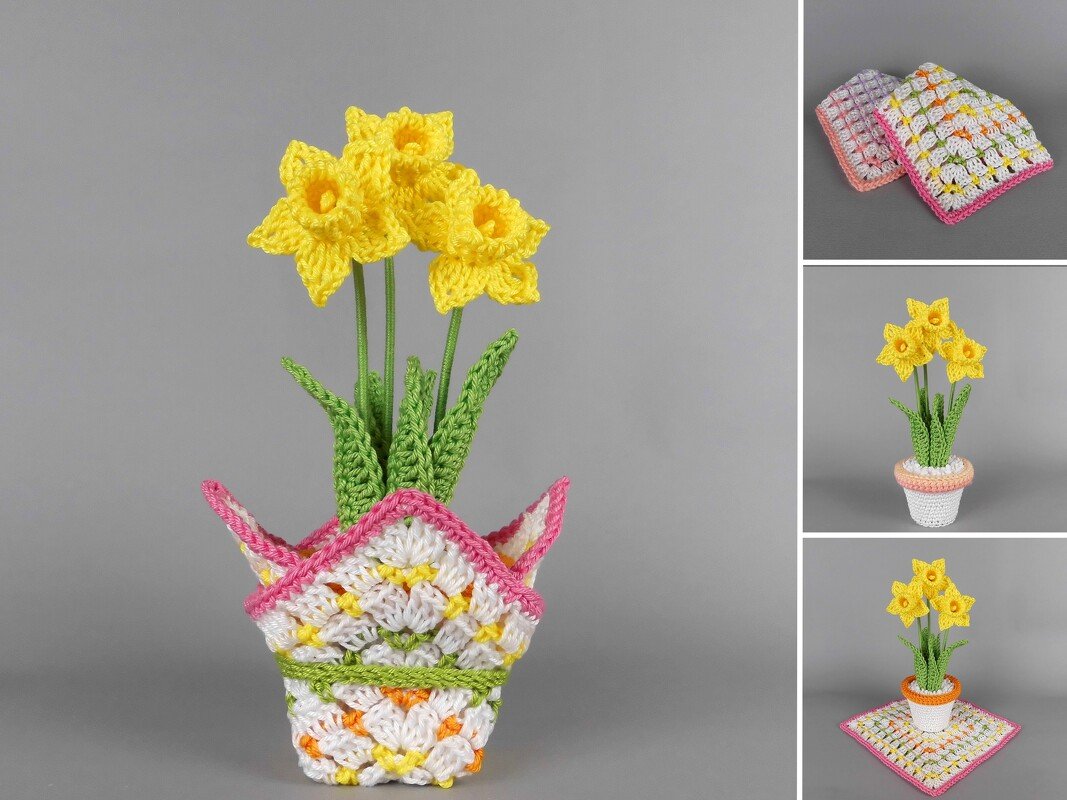 Crochet daffodils in a pot spring decor pattern