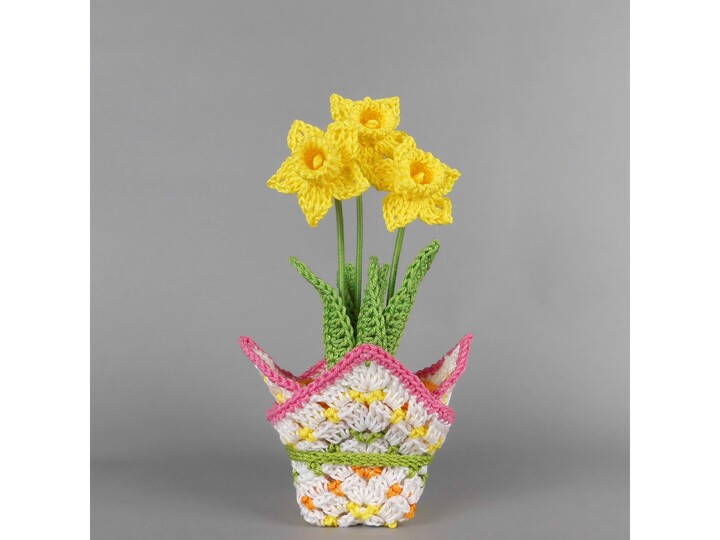 Crochet daffodils in a pot spring decor pattern