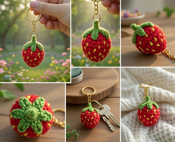 Crochet Strawberry Keychain Pattern – PDF + English Video Tutorial