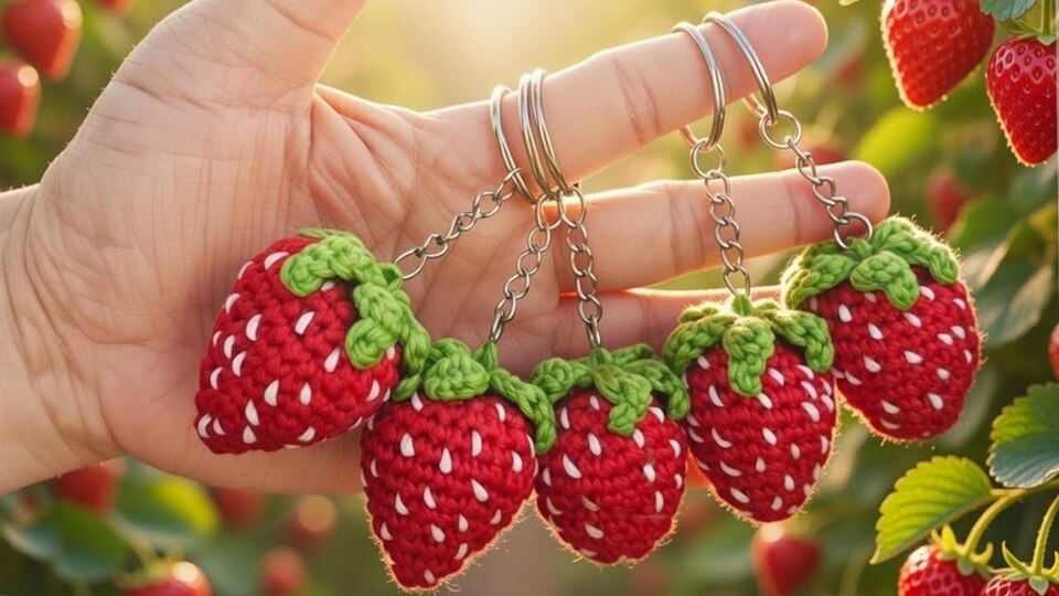 Crochet Strawberry Keychain Pattern – PDF + English Video Tutorial