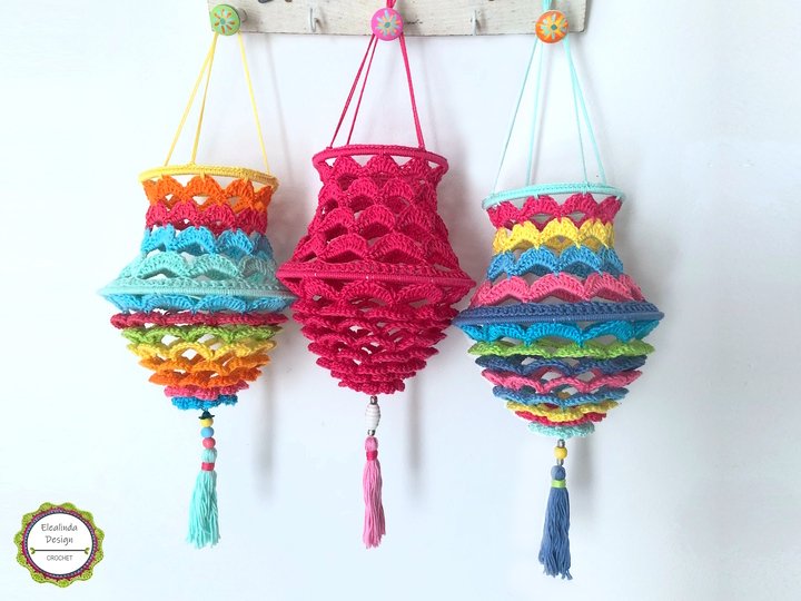 Crochet Pattern Boho Flowers Lampion, floral design lantern, PDF US terms