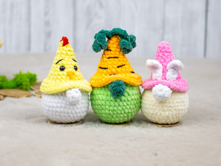 Häkelanleitung – Frühlingsgarten-Gnome | Hasen-, Karotten- und Küken-Gnom
