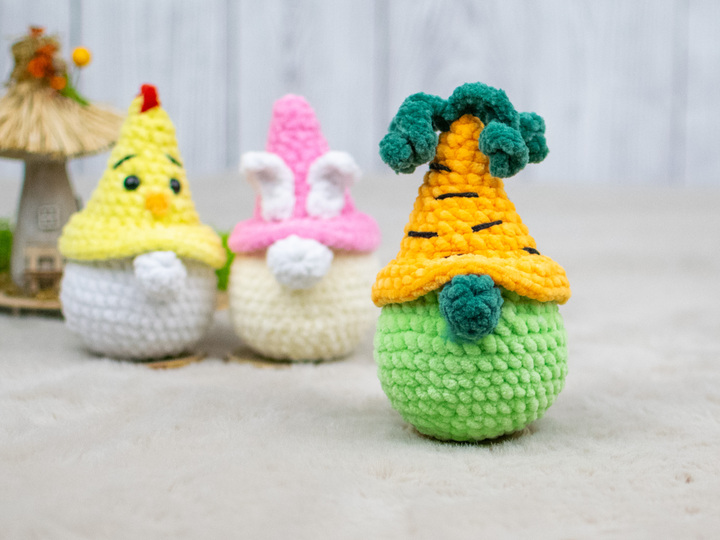 Häkelanleitung – Frühlingsgarten-Gnome | Hasen-, Karotten- und Küken-Gnom