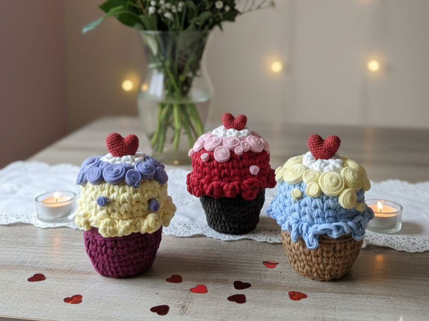 Drei gehäkelte Cupcake-Körbchen mit Herz-Toppern auf Spitzenläufer, mit Teelichtern und Herz-Konfetti.