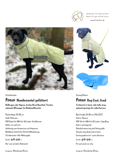 FINIAN dog coat winter coat with lining, XS-XXL, sewing pattern