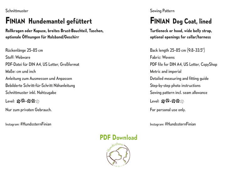 FINIAN dog coat winter coat with lining, XS-XXL, sewing pattern