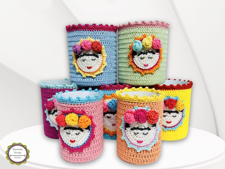 Crochet Pattern Can Covers "Mexican Beauty" applique + russian doll patch