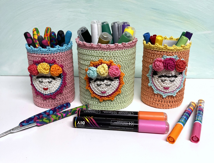 Crochet Pattern Can Covers "Mexican Beauty" applique + russian doll patch