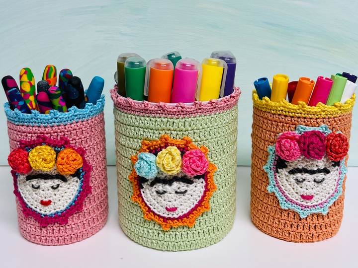 Crochet Pattern Can Covers "Mexican Beauty" applique + russian doll patch