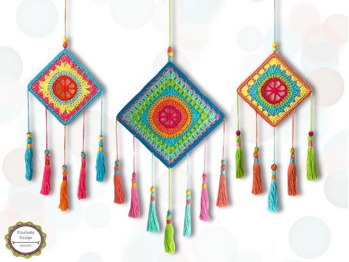 Crochet Pattern Square Dreamcatcher, Wall Hanging Decor, 2 Sizes + 2 Motifs