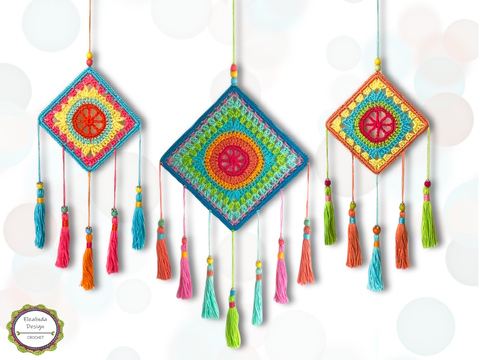 Häkelanleitung Boho Square Traumfänger, quadratische Form, Wanddekoration