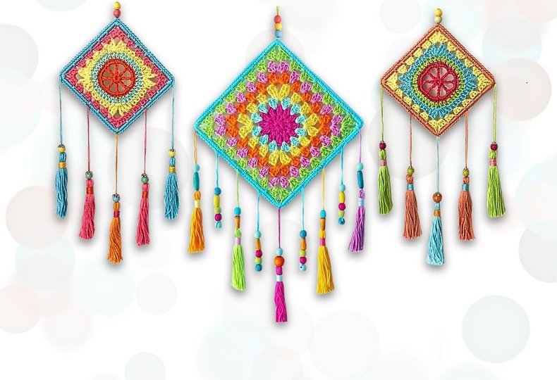 Crochet Pattern Square Dreamcatcher, Wall Hanging Decor, 2 Sizes + 2 Motifs