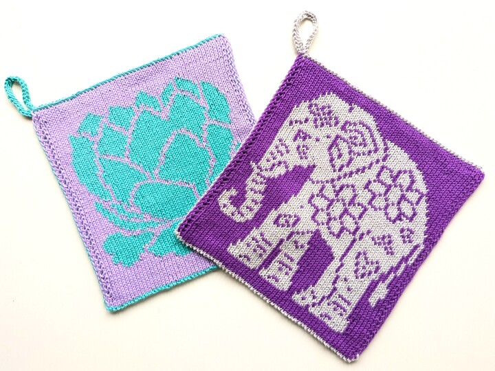 "Indian Love" - Double sided knitting pattern for potholders / dischloths