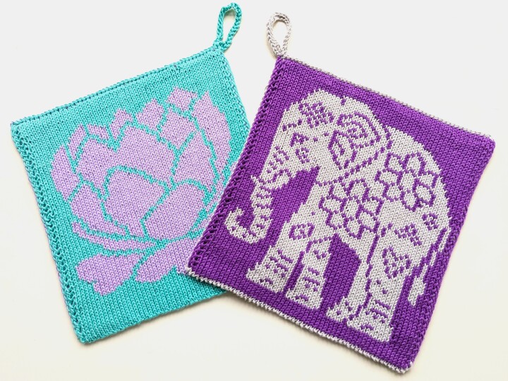 "Indian Love" - Double sided knitting pattern for potholders / dischloths