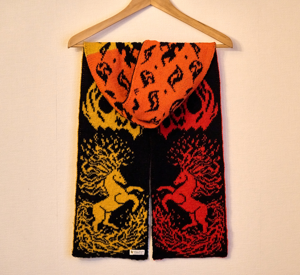 Knitting patterns double-face scarf (women and men) "Fire Horse"