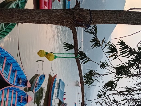 Zwei gehäkelte gelbe Zitronen an grüner Kordel an einem Baumzweig vor Booten auf einem See