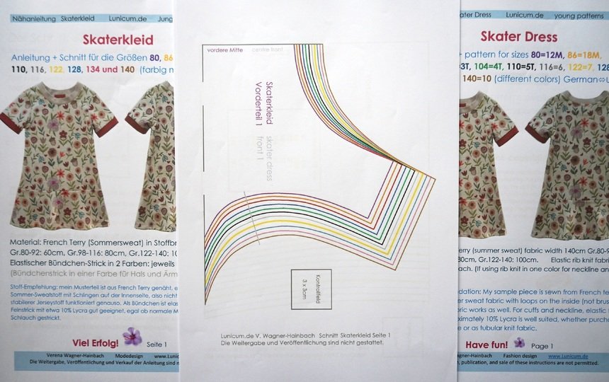 Pattern and instructions for a sporty skater dress with cuffs, sizes 80–140