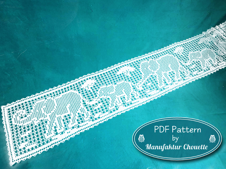 Tischband "Elefanten", Häkelanleitung, Zählmuster mit Rapport, Filethäkelei