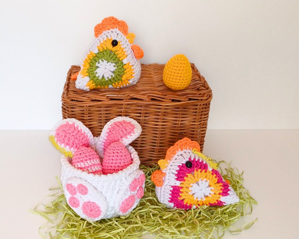Häkelanleitungen für Ostern: Granny-Square-Huhn, Osterhasenkorb & Eier