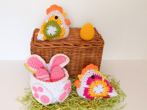 Crochet Pattern Bundle: Granny Square Chicken, Easter Bunny Basket & Eggs