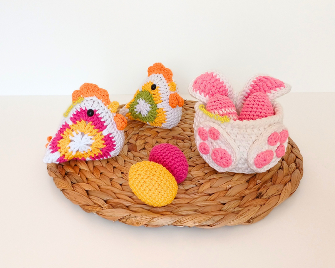Crochet Pattern Bundle: Granny Square Chicken, Easter Bunny Basket & Eggs