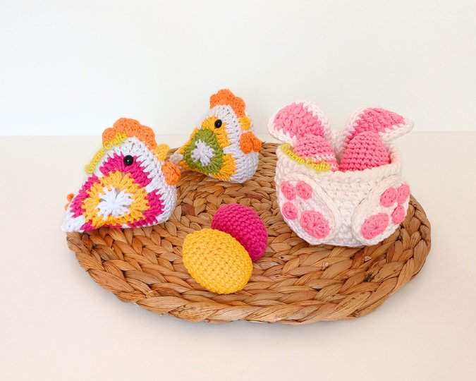 Crochet Pattern Bundle: Granny Square Chicken, Easter Bunny Basket & Eggs