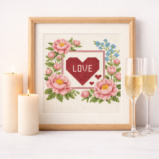 Romantic Love Cross Stitch Pattern – Peonies & Heart Floral Embroidery