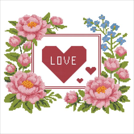 Romantic Love Cross Stitch Pattern – Peonies & Heart Floral Embroidery