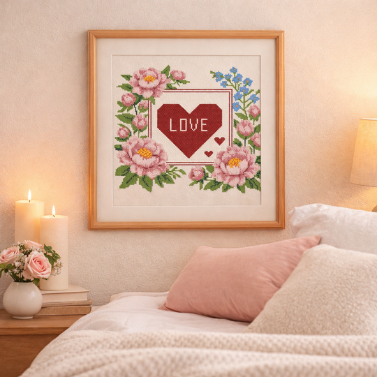Romantic Love Cross Stitch Pattern – Peonies & Heart Floral Embroidery