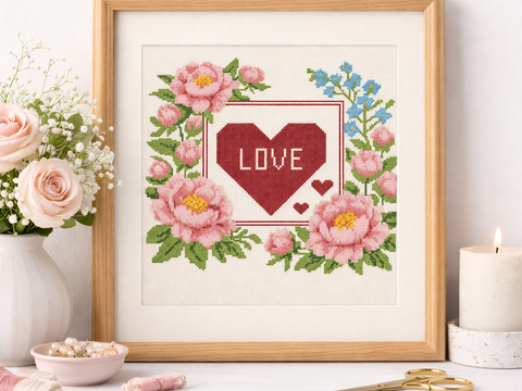 Romantic Love Cross Stitch Pattern – Peonies & Heart Floral Embroidery