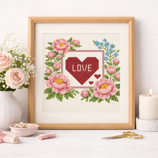 Romantic Love Cross Stitch Pattern – Peonies & Heart Floral Embroidery