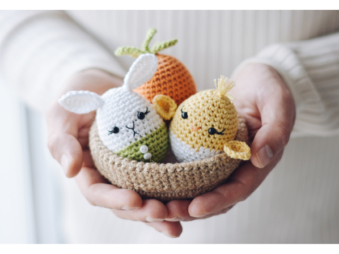 Häkelanleitung Oster Set – Ostereier, Küken, Hase, Karotte & Jute Korb, PDF
