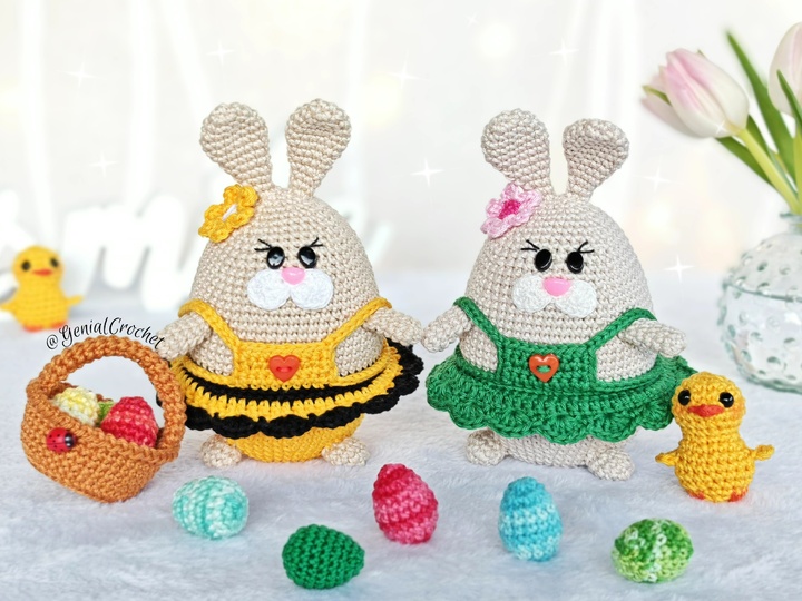 Oster-Set: Häschen im Kleid, Küken & Eierkorb – Häkelanleitung