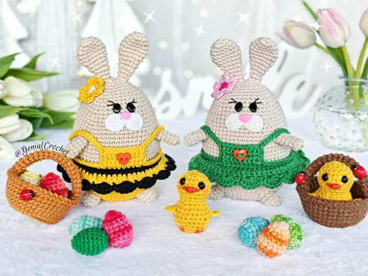 Oster-Set: Häschen im Kleid, Küken & Eierkorb – Häkelanleitung